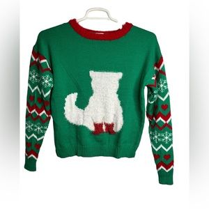 NWT Holiday Classics Green Christmas Sweater with White Cat MEDIUM